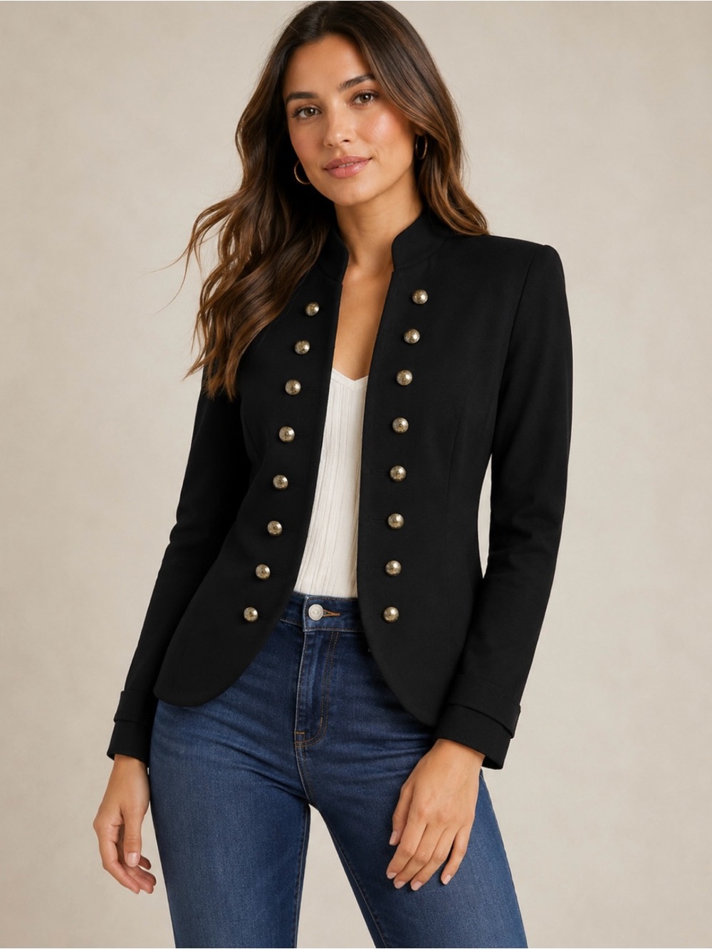 Modcloth Vintage Black Military Style Bronze Button Gothic Fitted Blazer Retro